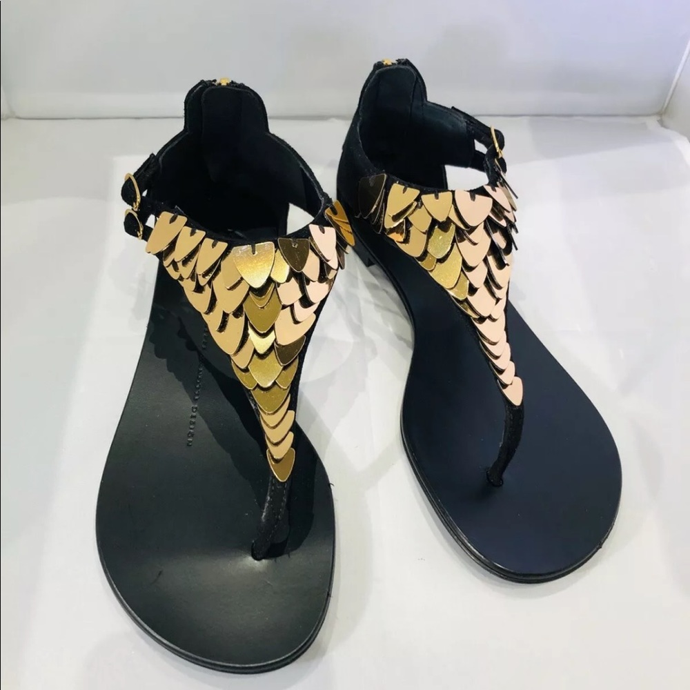 Giuseppe Zanotti Black Suede Gold Leaf Sandals 5.5